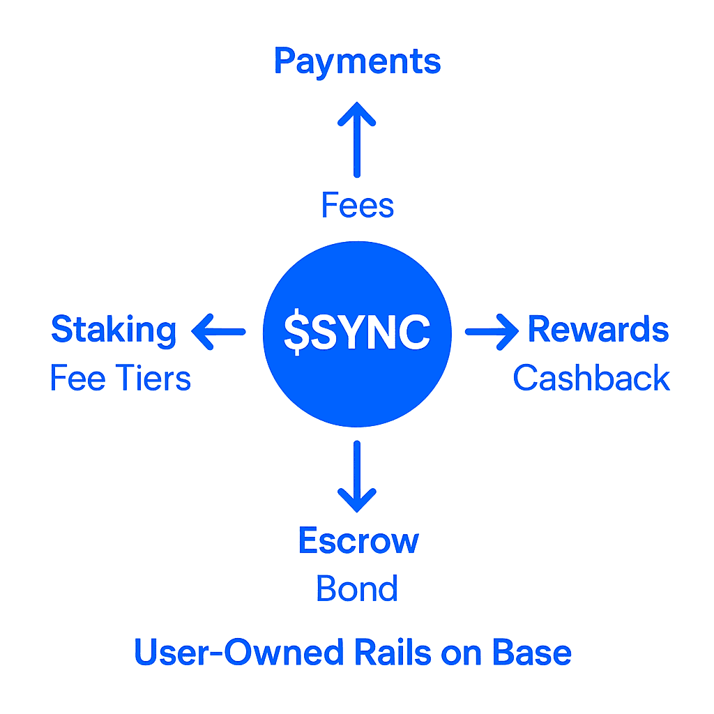 $SYNC utility: fees, staking, rewards, escrow bonds